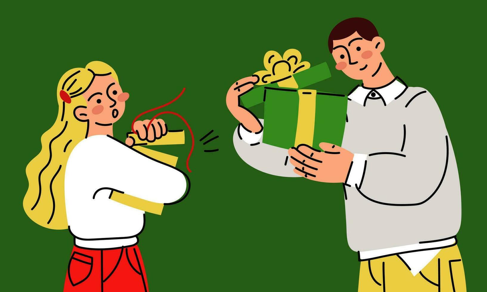 un brillante Pareja da cada otro regalos en un verde antecedentes. vector chico y chica, vector plano ilustración de apertura regalos, emociones intercambiar de regalos. un sorpresa regalo caja. Navidad, nuevo año