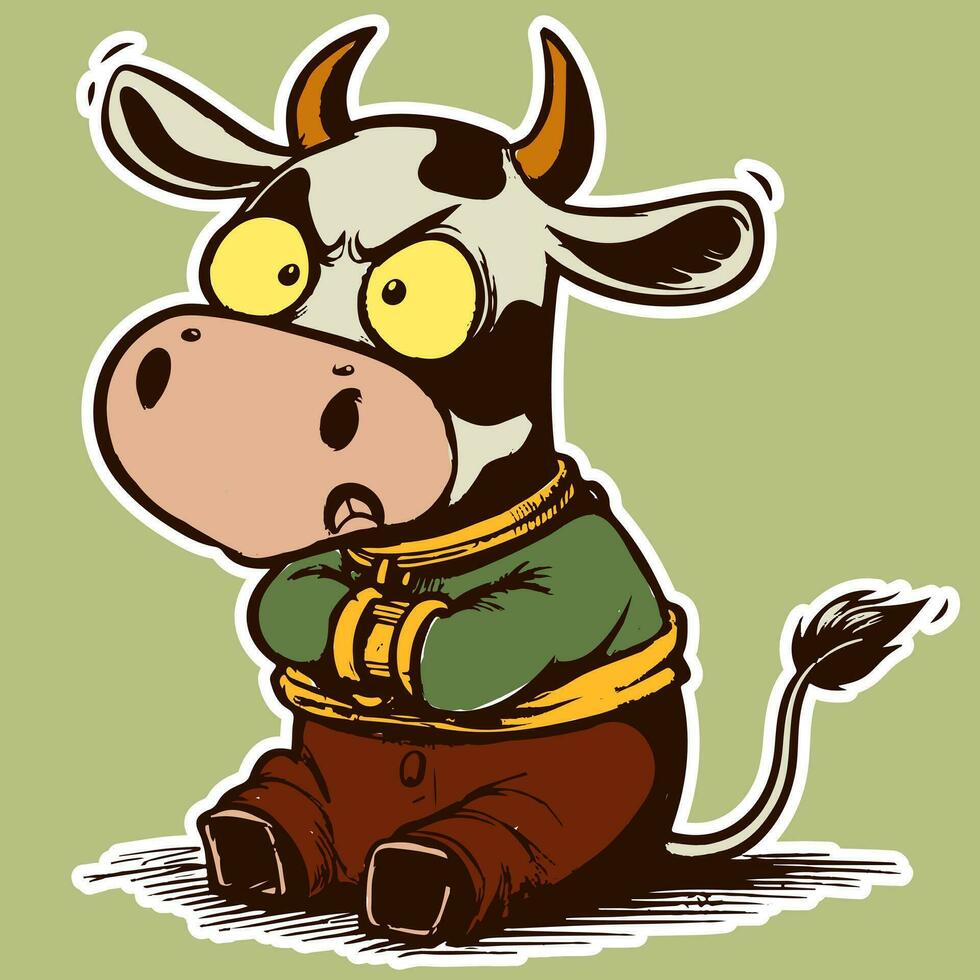 linda dibujos animados personaje en un camisa de fuerza siendo enojado y enojado. trastornado mascota vaca en un estrecho chaqueta sentado abajo vector