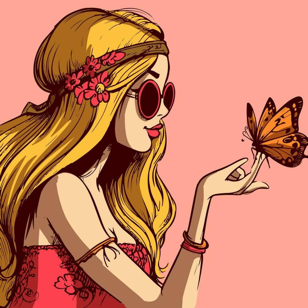 vector de un rubia hippie mujer con Gafas de sol participación un monarca mariposa en su mano. ilustración de un bohemio niña y un insecto en fer dedos