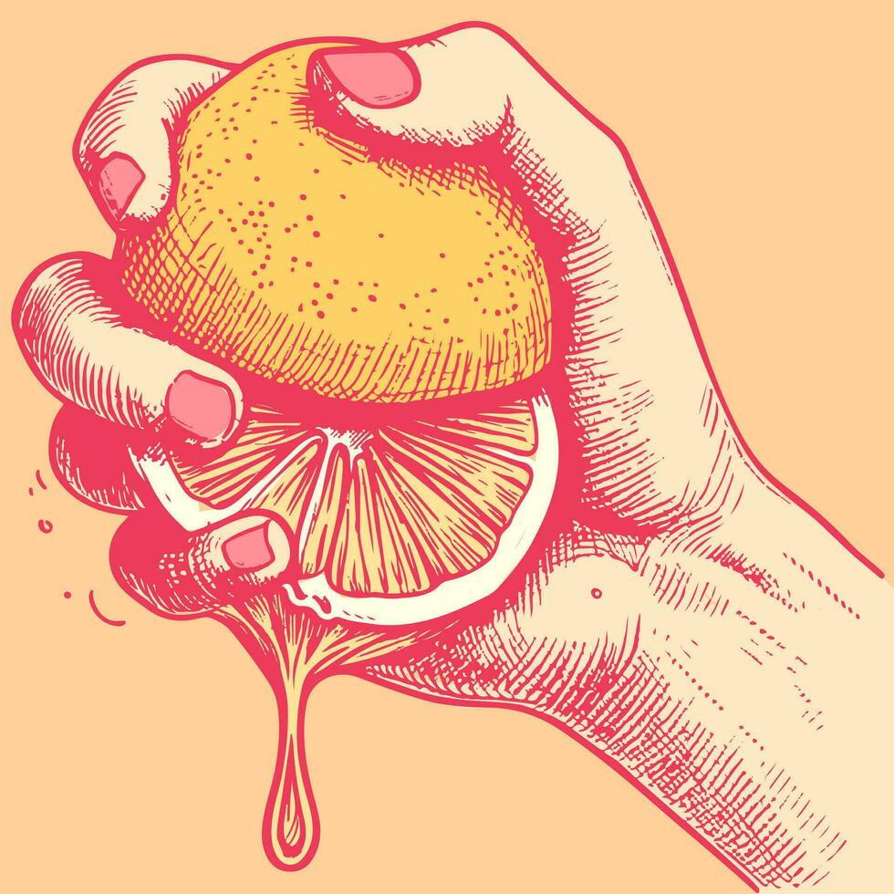 Vector of a woman's hand squeezing half a lime. Illustration of pastel fingers and a juicy slice of lemon.