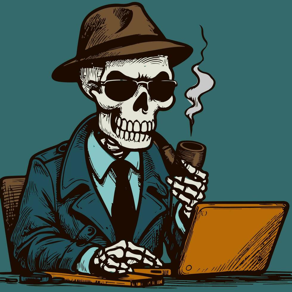 Grunge vector art of a policeman skeleton in a suit and sunglasses smoking a pipe and looking at the computer. Drawing of an undead cop with hat and tie solving a crime