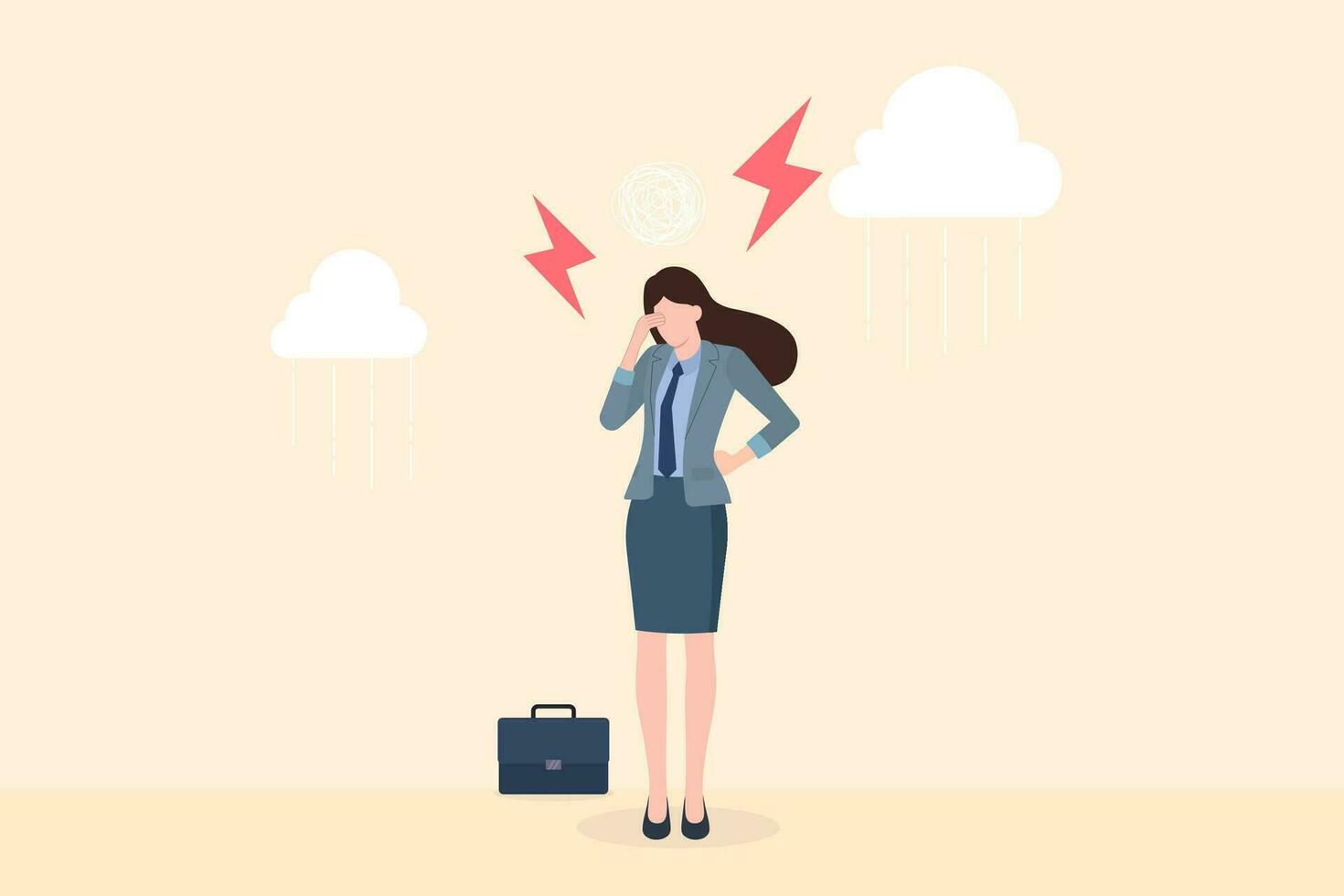 negocio mujer tiene un dolor de cabeza, tormenta, tormenta nube y relámpago, el concepto de negocio problema, trabajo presión, dolor de cabeza, migraña, estrés trabajar, infeliz mujer de negocios, vector ilustración.