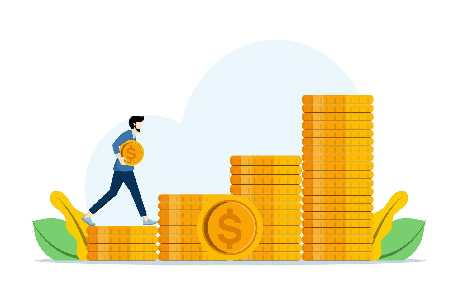 Financial Wealth Concept, a man carrying coins, making Money, Increasing Income, Saving. Investment Expert Increases Profits, flat vector illustration on a white background.