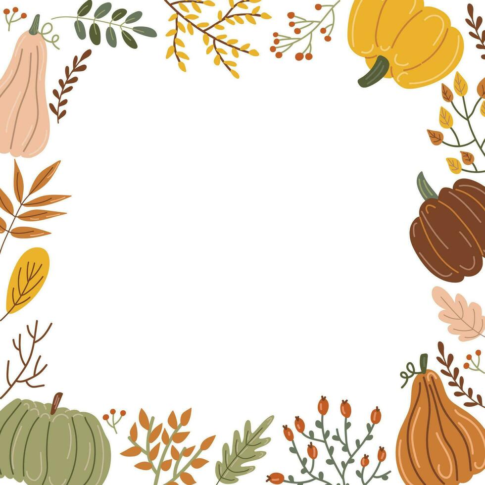 Pumpkins and leaves. Square frame, vector illustration, flat cartoon style