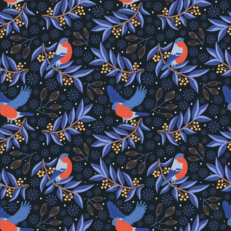 Bullfinches on branches, vector illustration, flat cartoon style, seamless pattern on a blue background