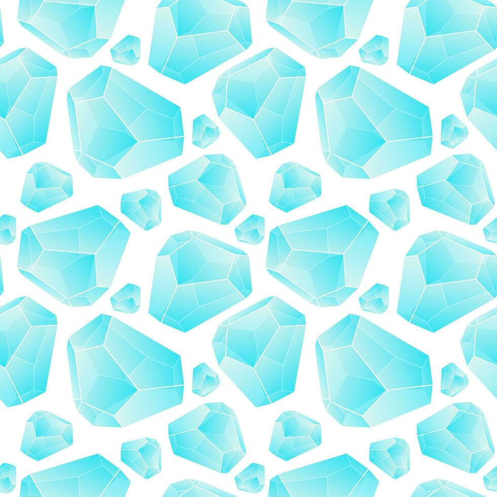 Crystal seamless pattern. Bright blue gradient transparent gems and crystals on a white background. Vector illustration. Packaging for a gift. A bright repeating gemstone. Chaotic ornament