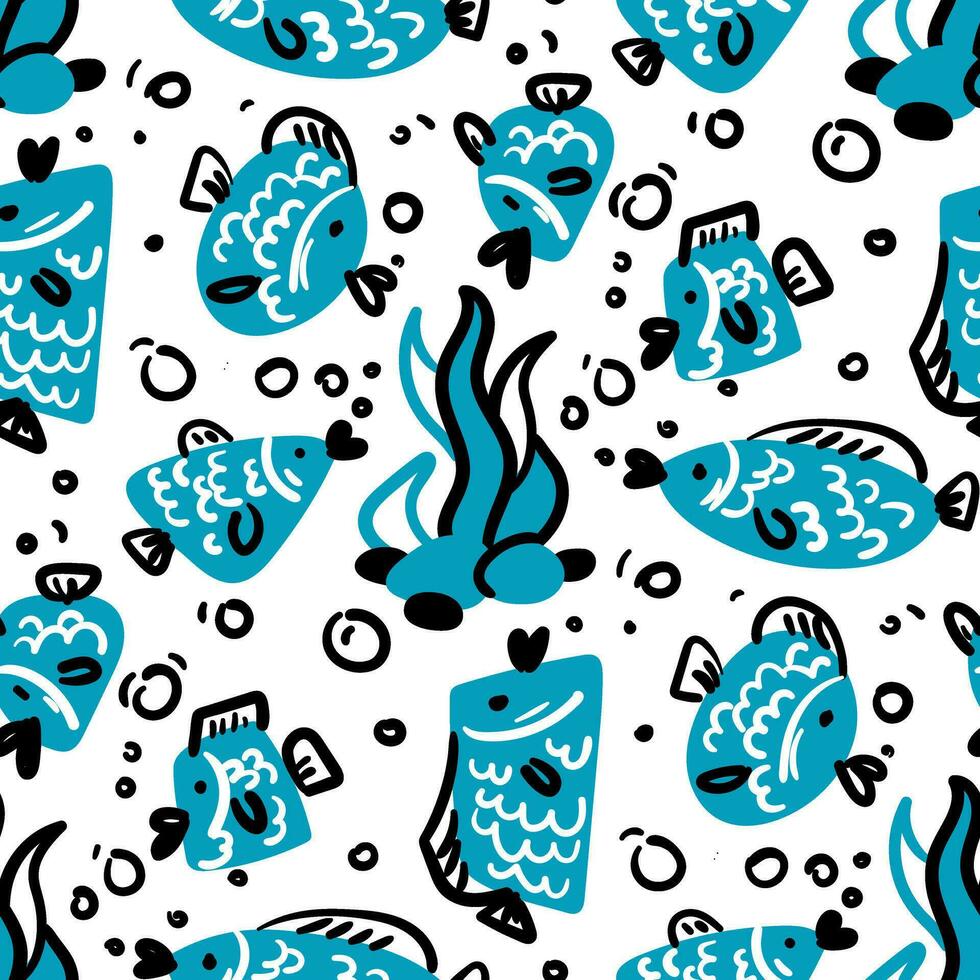 Seamless background with decorative blue fish. Marine theme with swimming fish near algae with stones. Bright elements on a white background. Color spots and contour. Ornament Printing vector