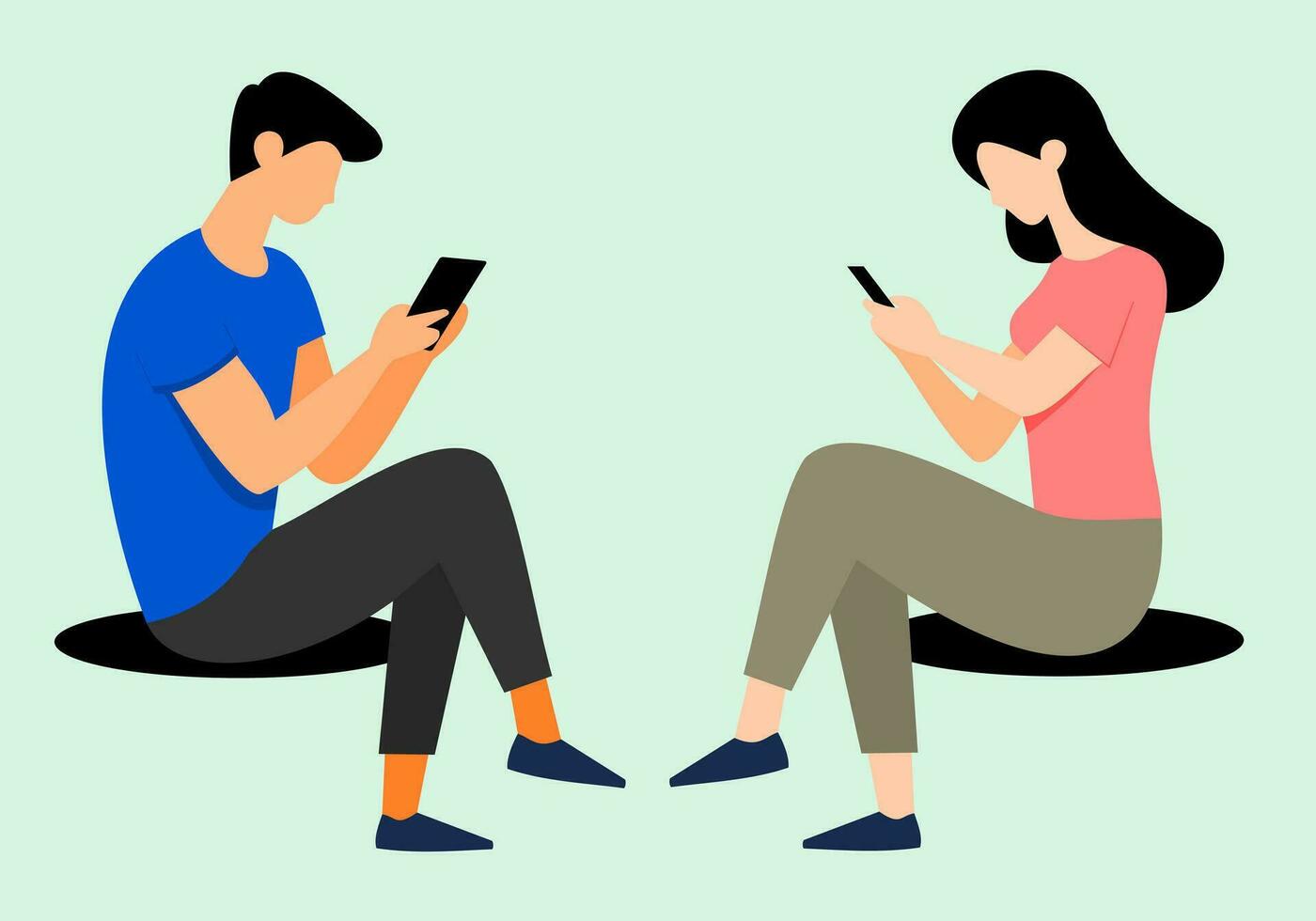 Flat illustration of a man and woman chatting with a smart phone people using phone. people using technology flat illustration vector