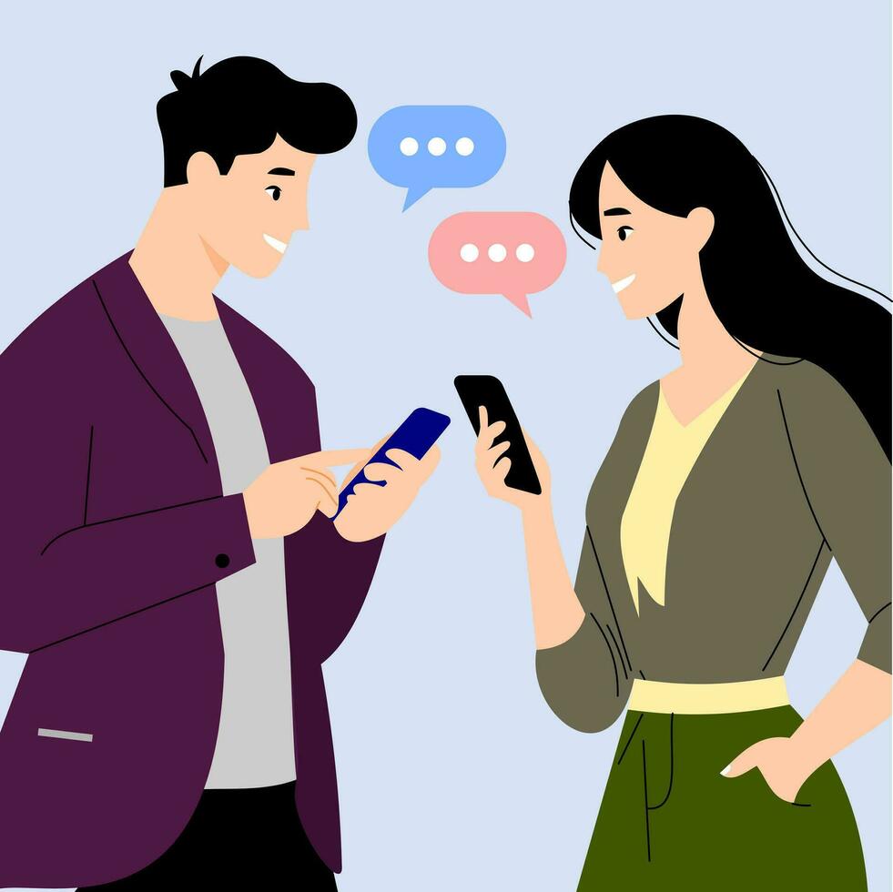 flat illustration of a man and woman chatting with a smart phone vector