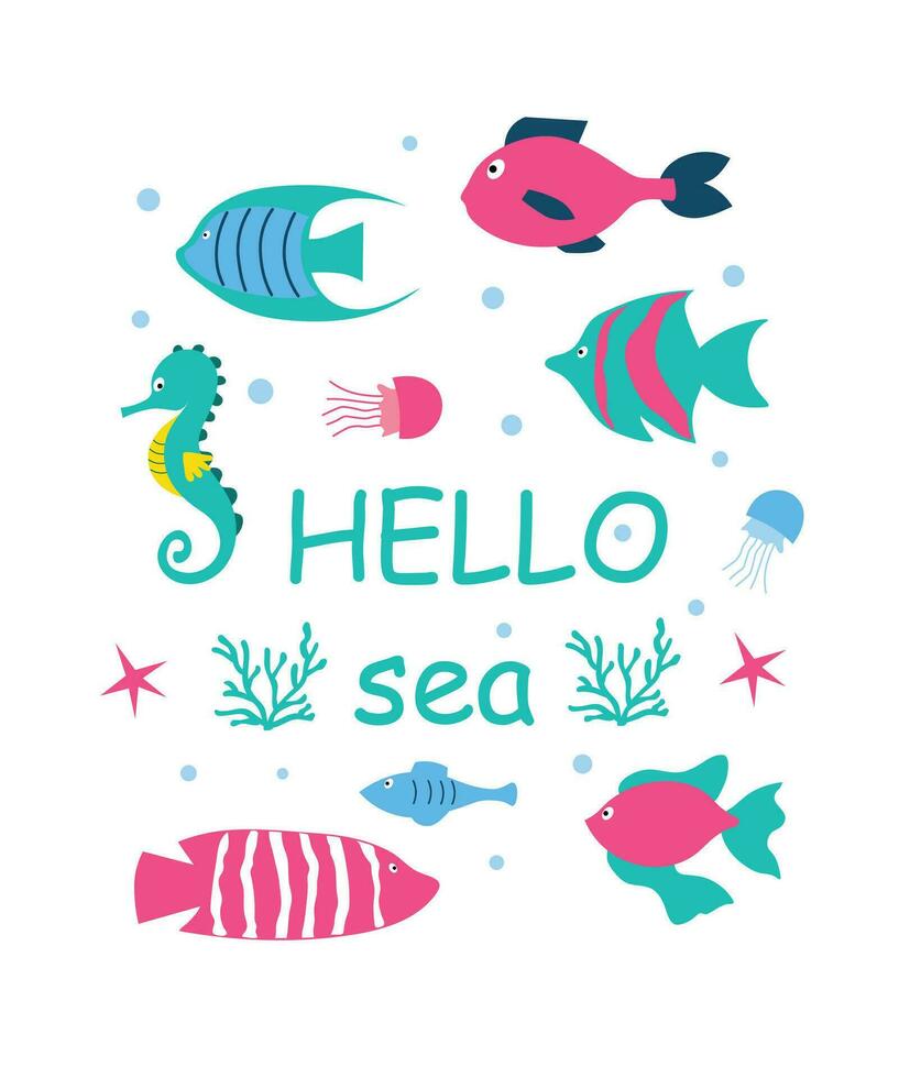 Set of sea fish with the inscription. Children's illustration for a card, banner or design. Isolated white background. Flat illustration vector