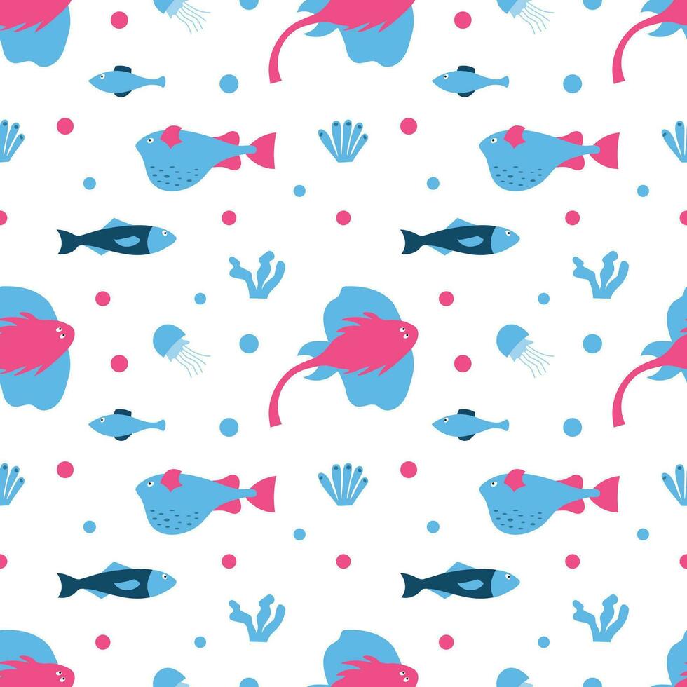 Seamless fabric with fish, algae and jellyfish. Background, wallpaper or paper. Vector illustration