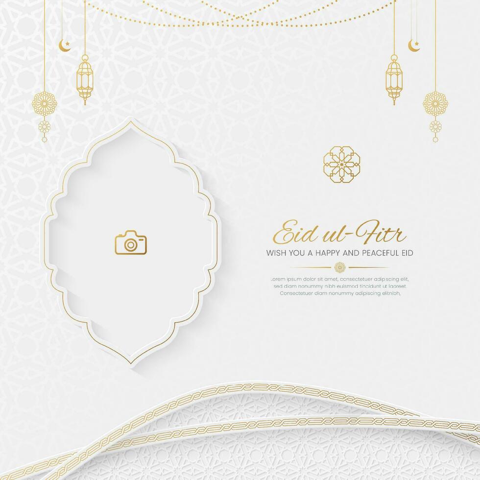 Eid al Fitr Islamic luxury greeting card social media post with Arabic lanterns and a photo frame vector