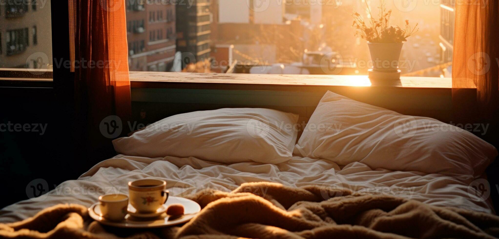 AI generated Banner of cozy morning on the bed with flowers, coffee and sun rays coming in from window. Photo with copy space.