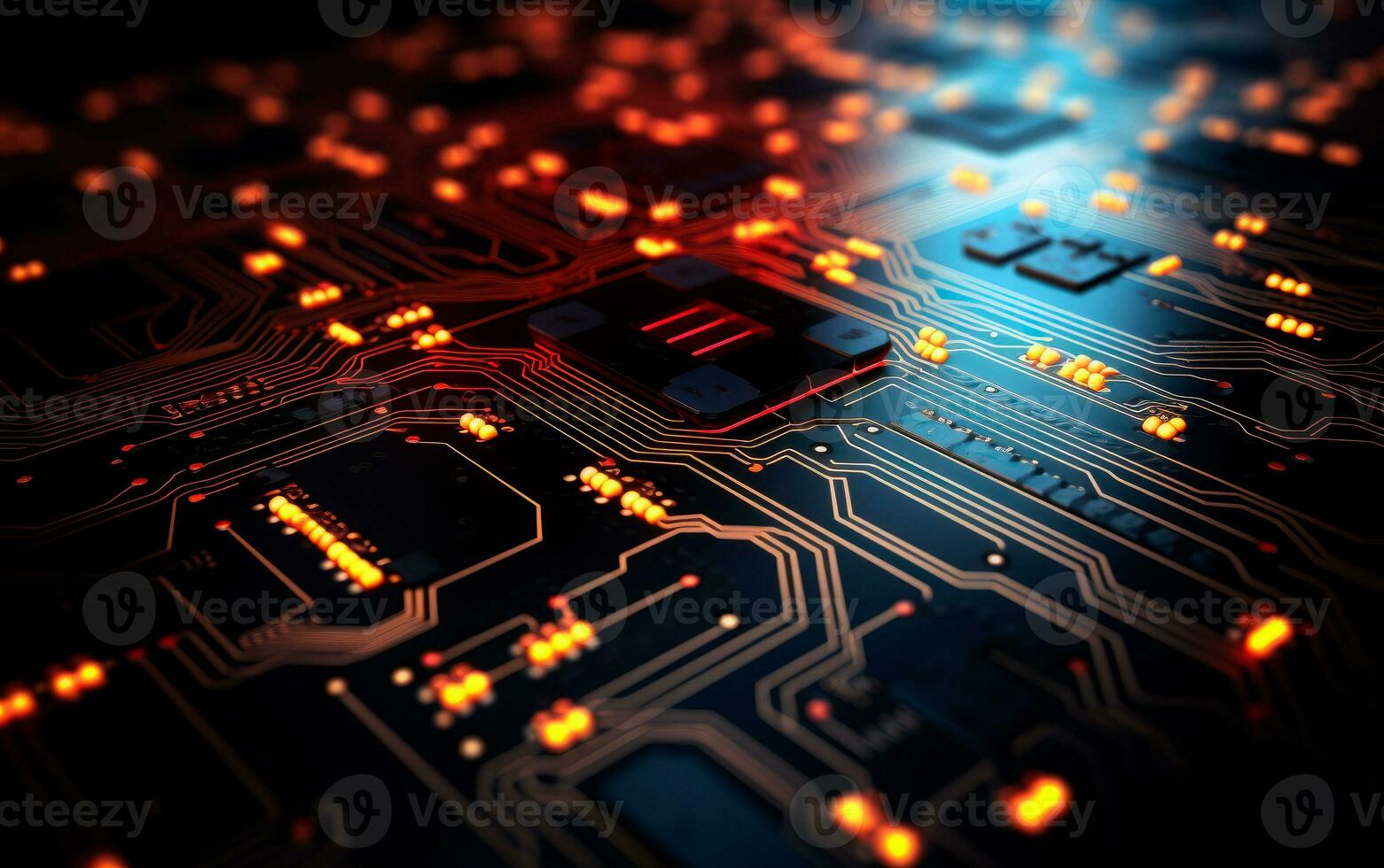 AI generated 3D render chip circuit board futuristic technology background. Colorful and dark wallpaper in red and yellow lines. Circuit board digital glowing. photo