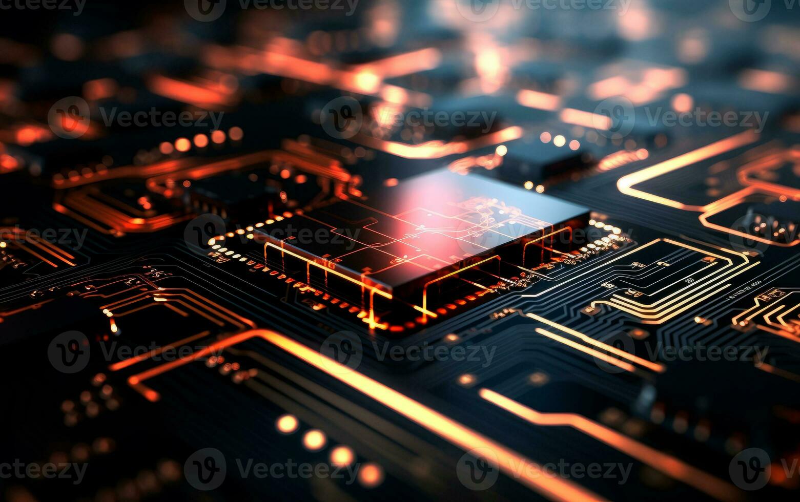 AI generated 3D render chip circuit board futuristic technology background. Colorful and dark wallpaper in red and yellow lines. Circuit board digital glowing. photo