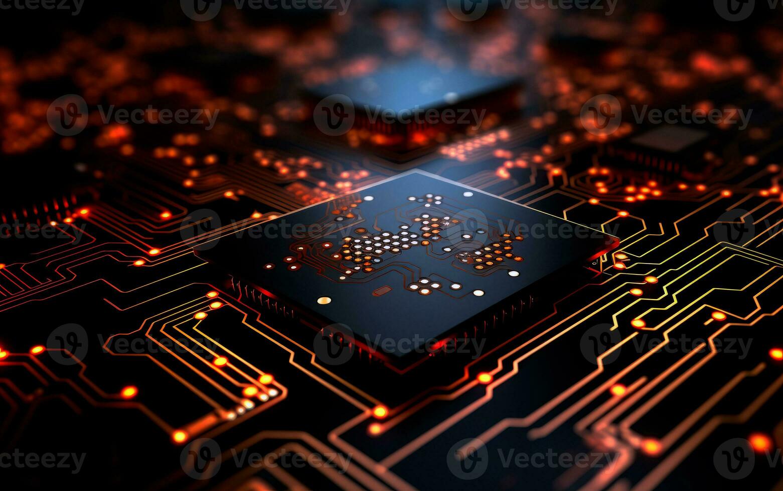 AI generated 3D render chip circuit board futuristic technology background. Colorful and dark wallpaper in red and yellow lines. Circuit board digital glowing. photo