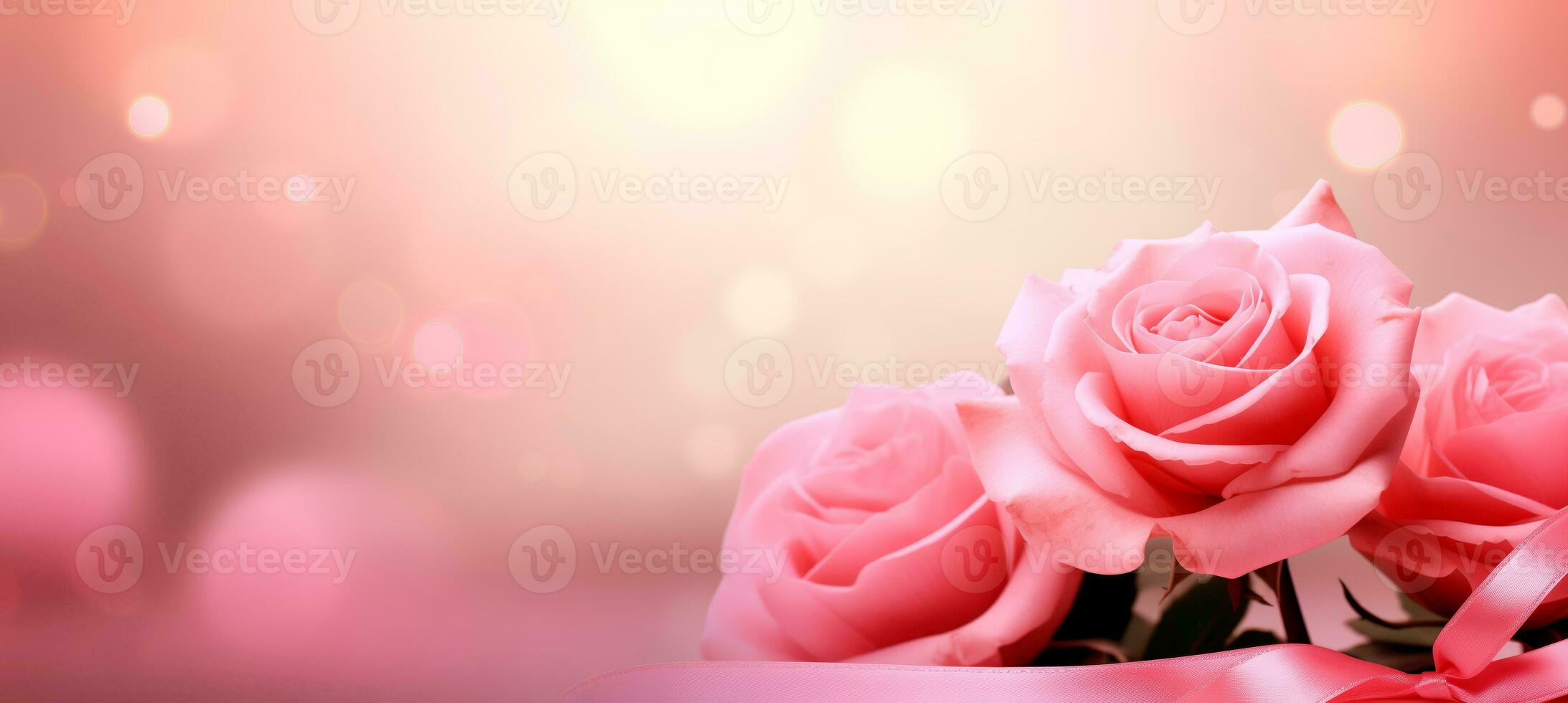 AI generated Decorative header of beautiful pink roses flowers over nice bokeh background with empty space for text. photo
