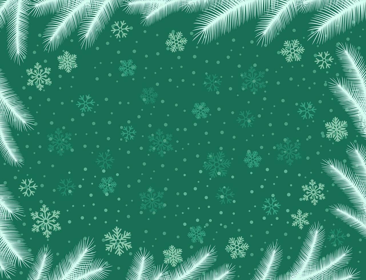Christmas green background with white snowflakes and fir branches. Holiday card or greeting card. Happy New Year vector illustration.