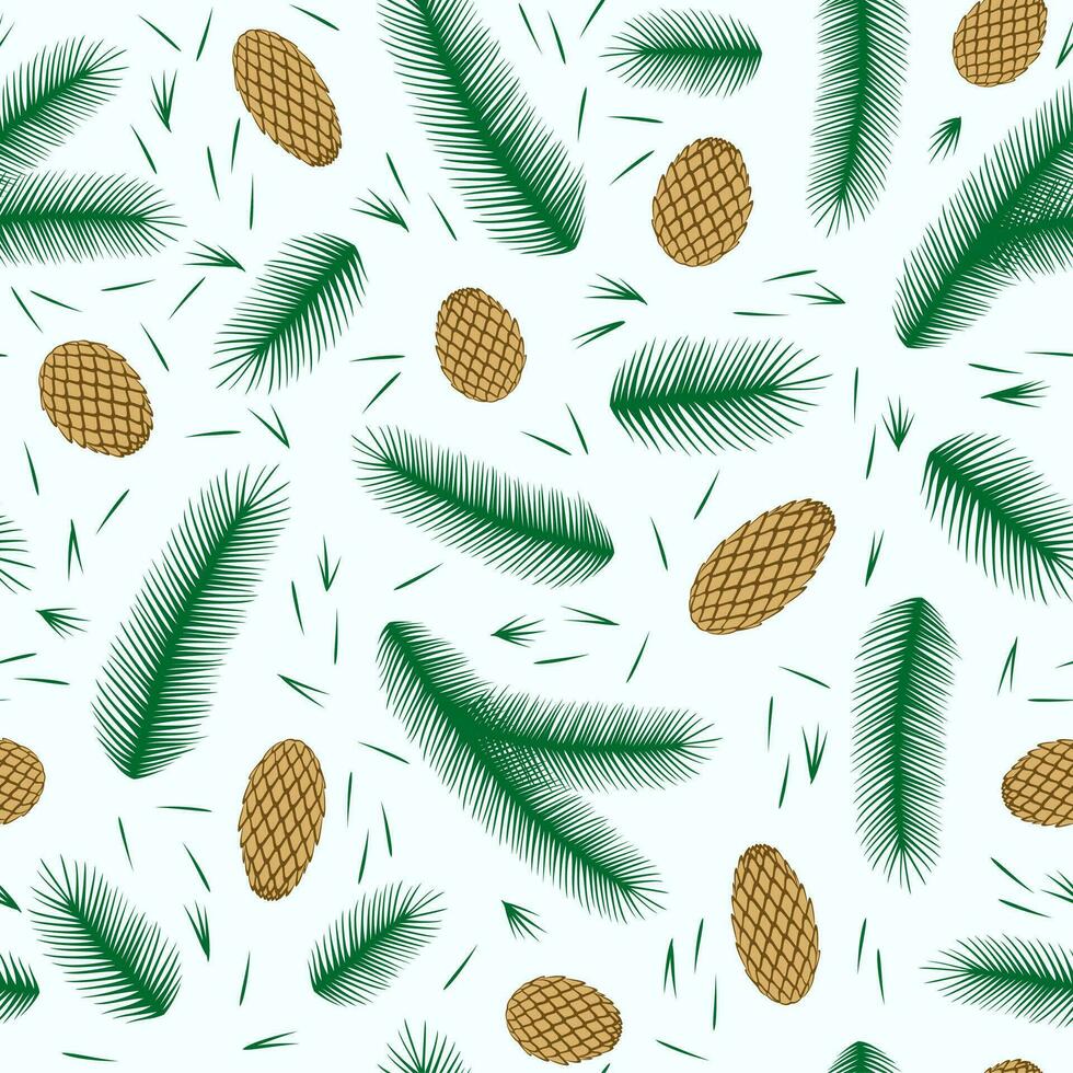 Seamless pattern with Christmas tree branch, needles and cone. Festive background. Happy New Year vector illustration.