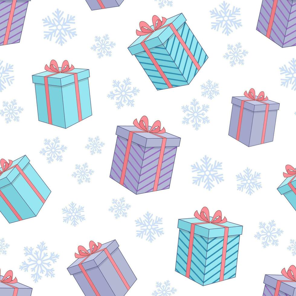 Seamless Christmas pattern with gift box on white background. Winter decoration. Happy new year vector illustration.