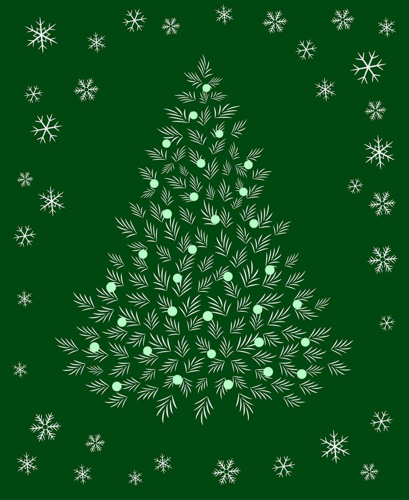Christmas tree decorated with balls. Holiday decorative fir on green background. Happy New Year vector illustration.