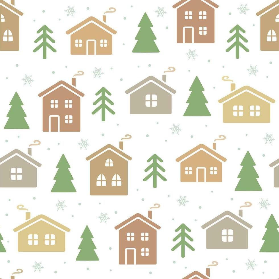 Seamless pattern with Christmas houses and fir trees in winter. Festive background. Happy New Year vector illustration.