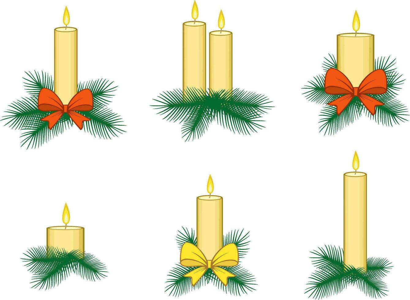 Christmas candle decorated with fir tree and bow. Set. Festive accessories. Happy New Year vector illustration.