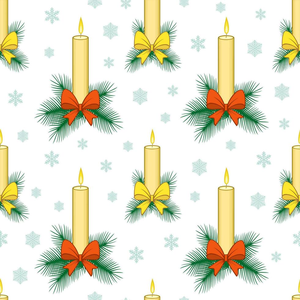 Seamless pattern with Christmas candles decorated with bows and fir tree branches. Festive background. Happy New Year vector illustration.