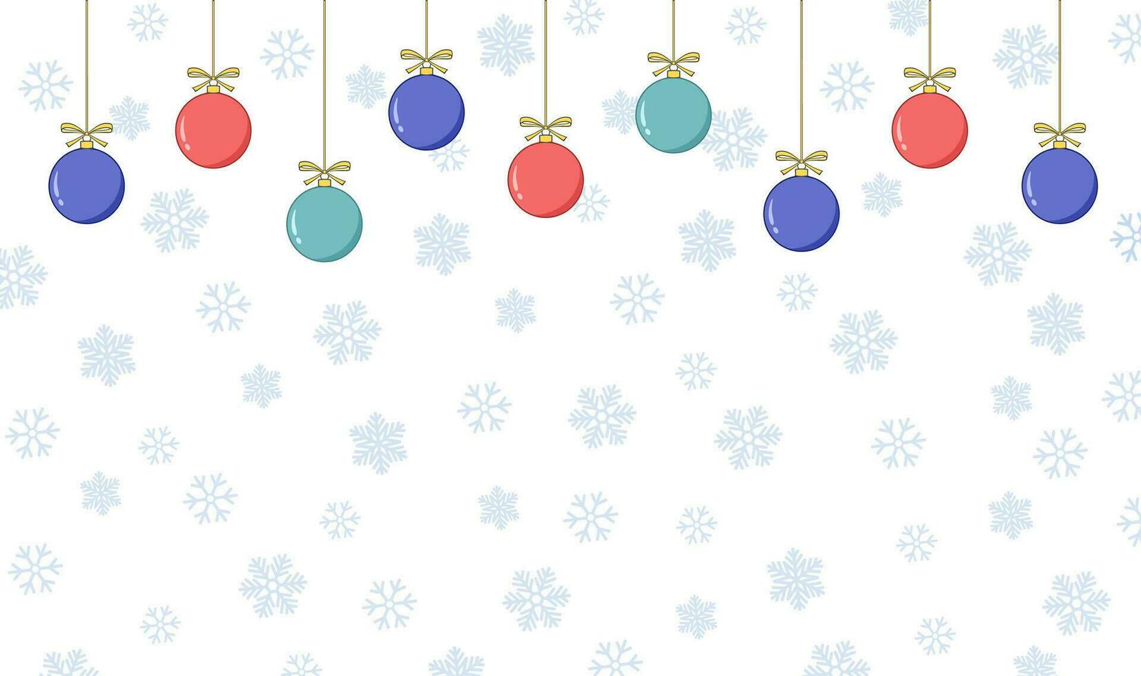 Christmas background with tree balls hanging and blue snowflakes. Holiday card or greeting card. Happy New Year vector illustration.