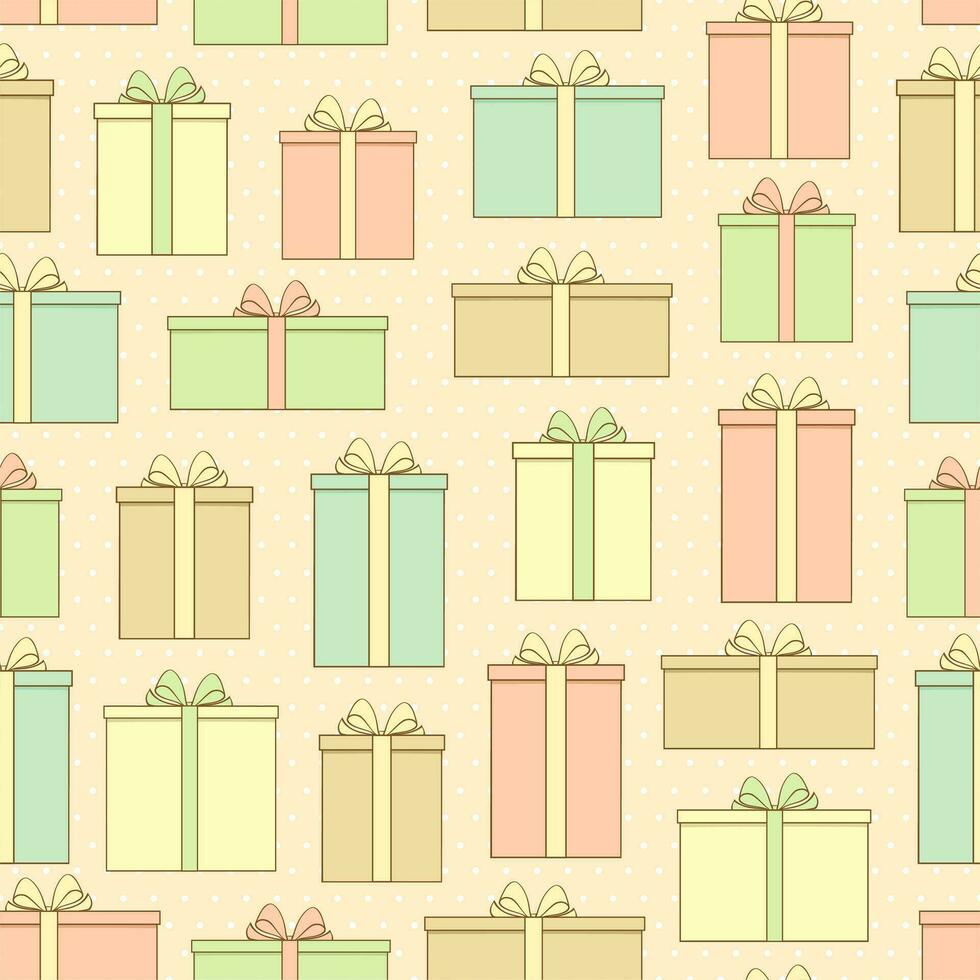 Seamless pattern with gift box on polka dot background. Happy new year vector illustration.
