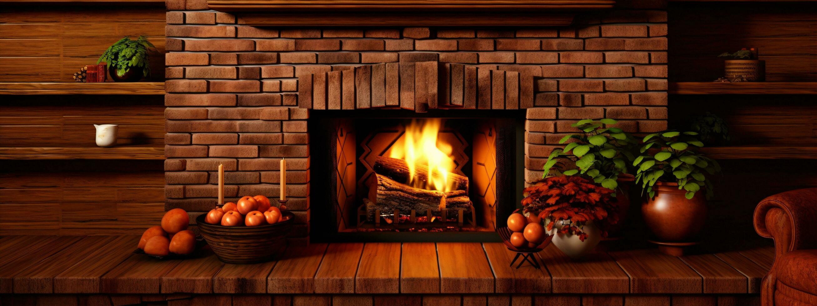 AI generated ai generated cozy and inviting kitchen withfireplace nestled among brick walls photo