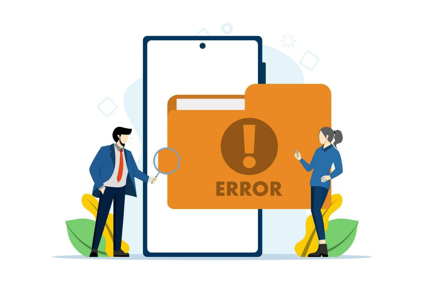 Error and warning concept of damaged or corrupted files. People checking damaged file error warning, Computer diagnostics and digital technology, isolated flat vector illustration.