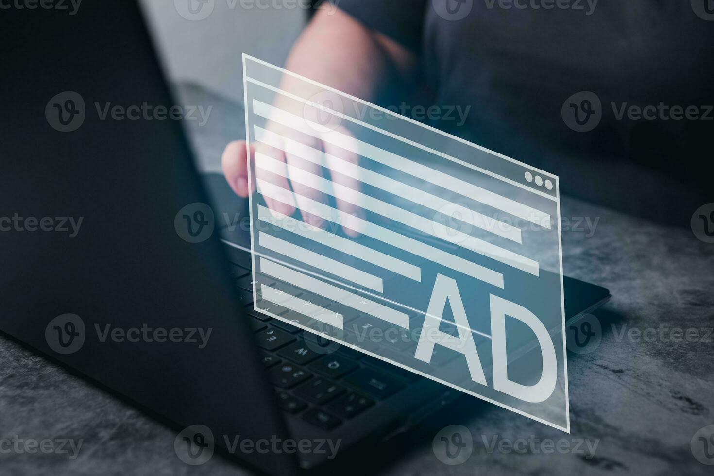Woman use laptop with a pop up AD as virtual interface. Online Advertising concept. AD on internet. Digital marketing. photo
