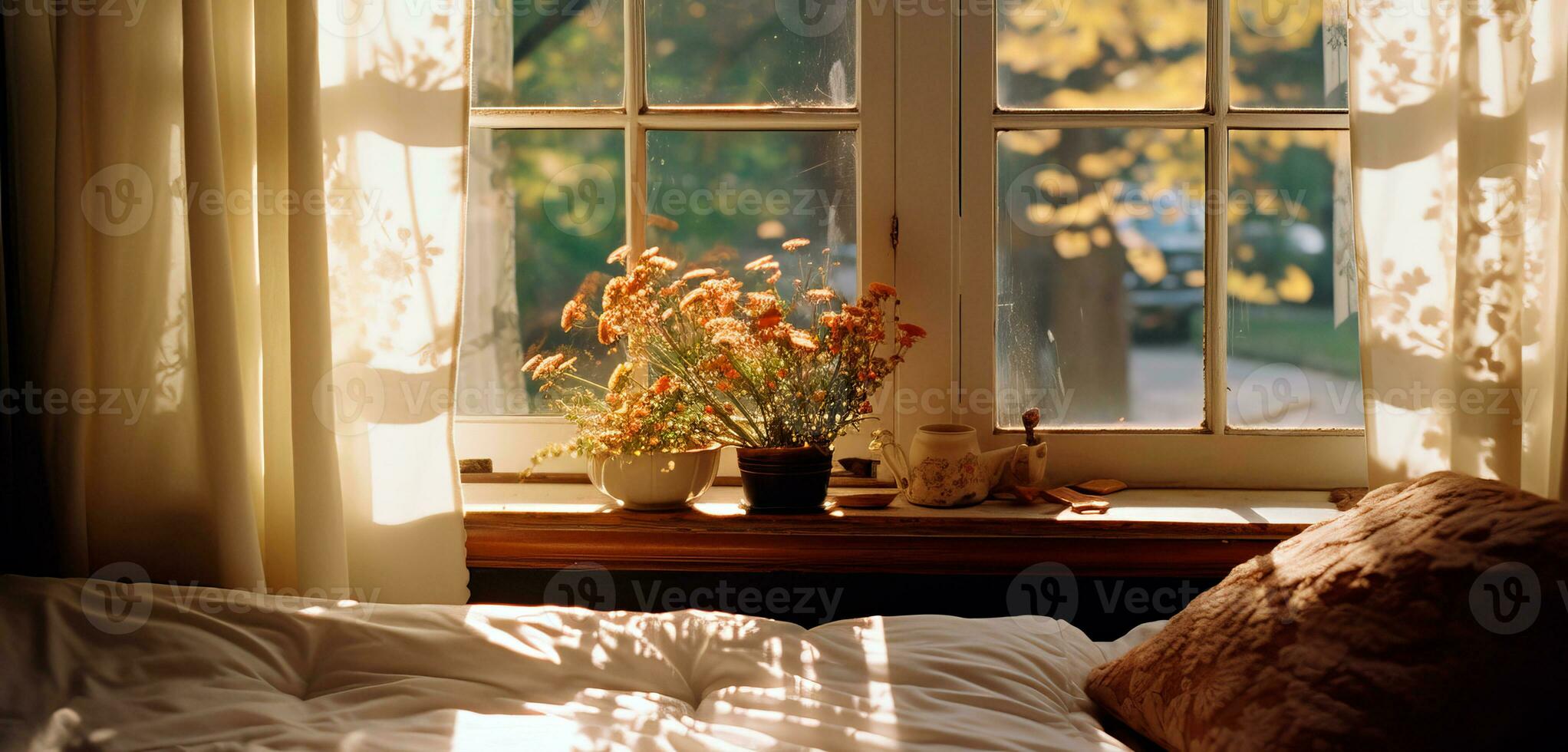 AI generated Banner of cozy morning on the bed with flowers, coffee and sun rays coming in from window. Photo with copy space.