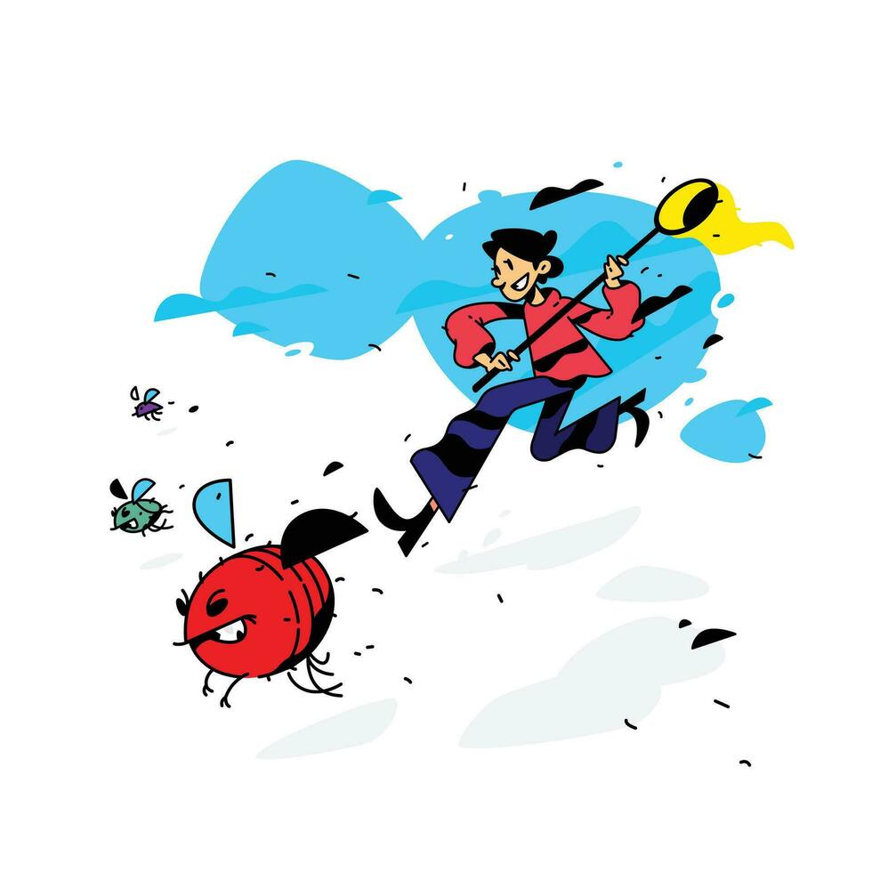 ilustración de un hombre corriendo con moscas y escarabajos vector ilustración. el ensayador capturas loco y errores imagen es aislado en blanco antecedentes. un hombre con un red atrapando insectos