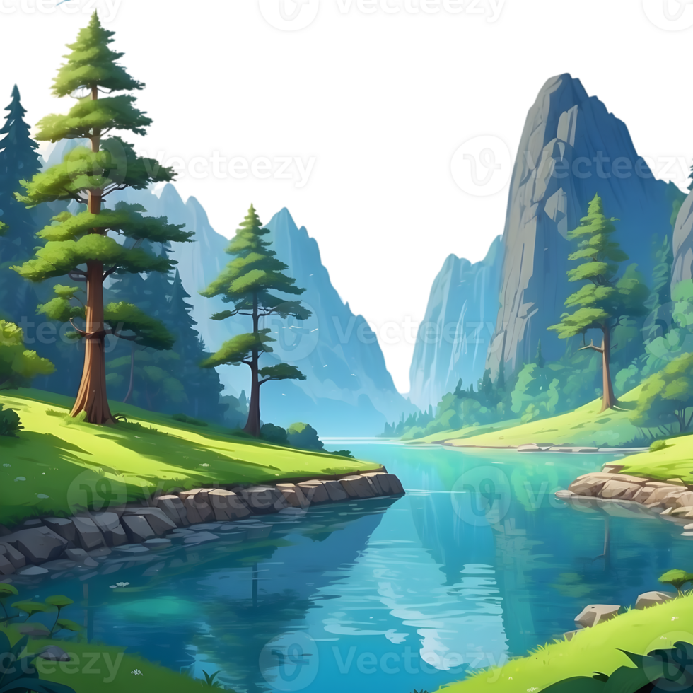 AI generated a cartoon mountain river with trees and rocks png