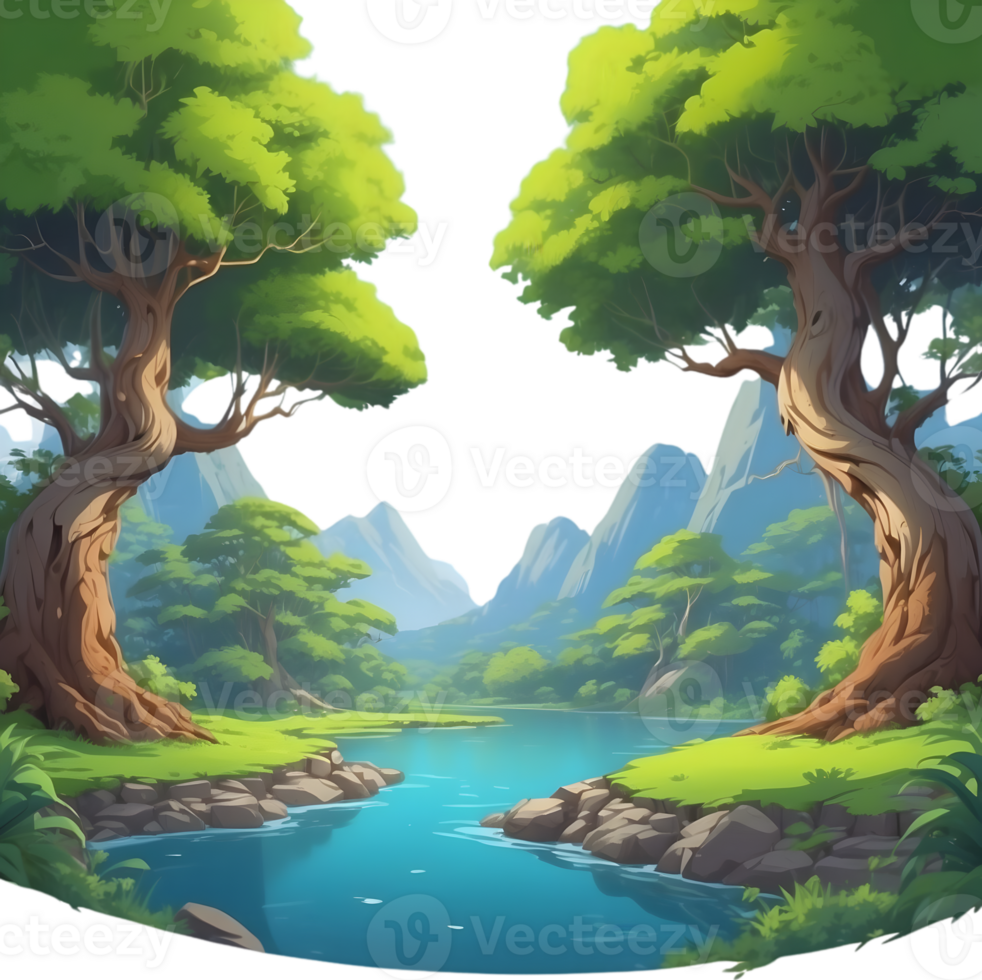 AI generated a cartoon mountain river with trees and rocks png