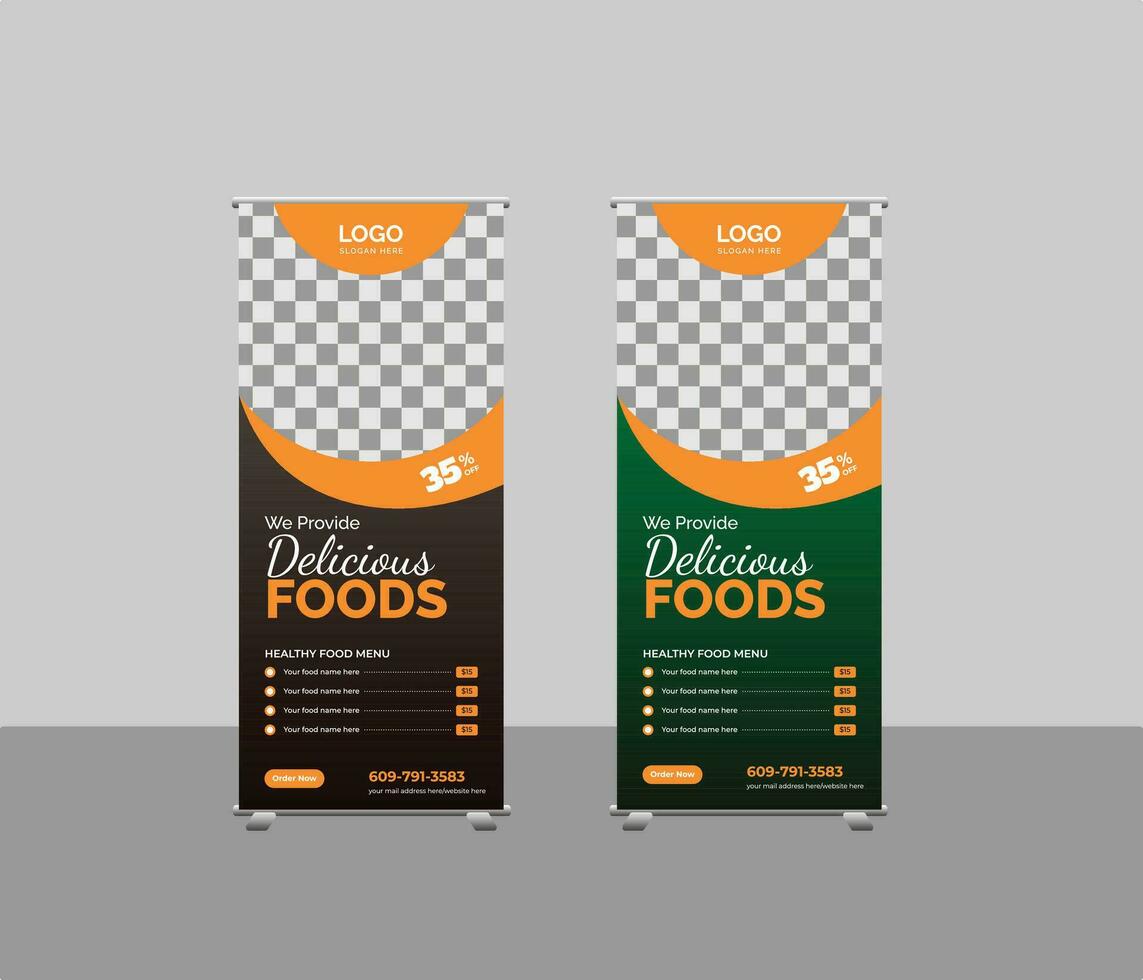 Delicious  Food roll up banner design for restaurant. creative food roll-up banner template, modern restaurant rollup banner vector