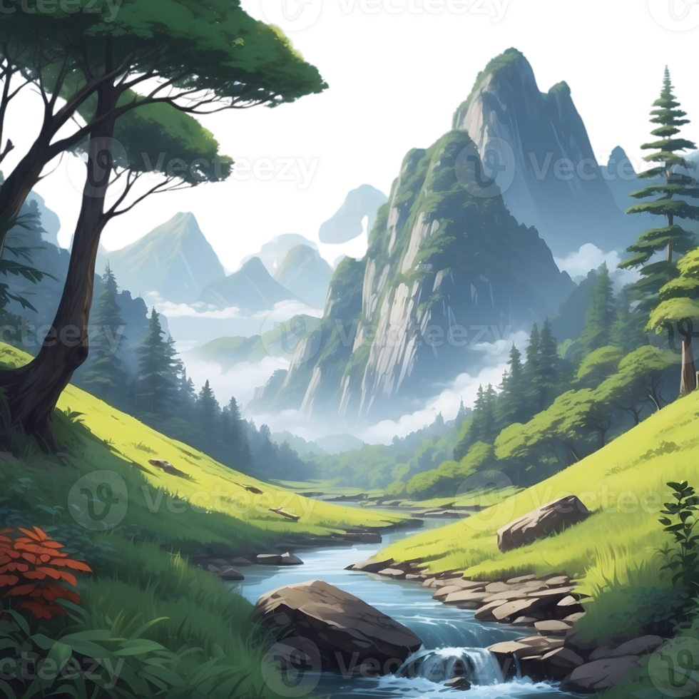 AI generated a cartoon mountain river with trees and rocks png