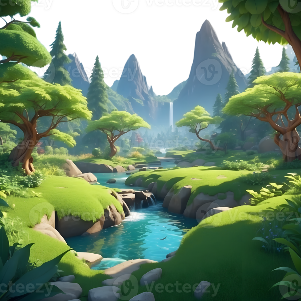 AI generated a cartoon mountain river with trees and rocks png