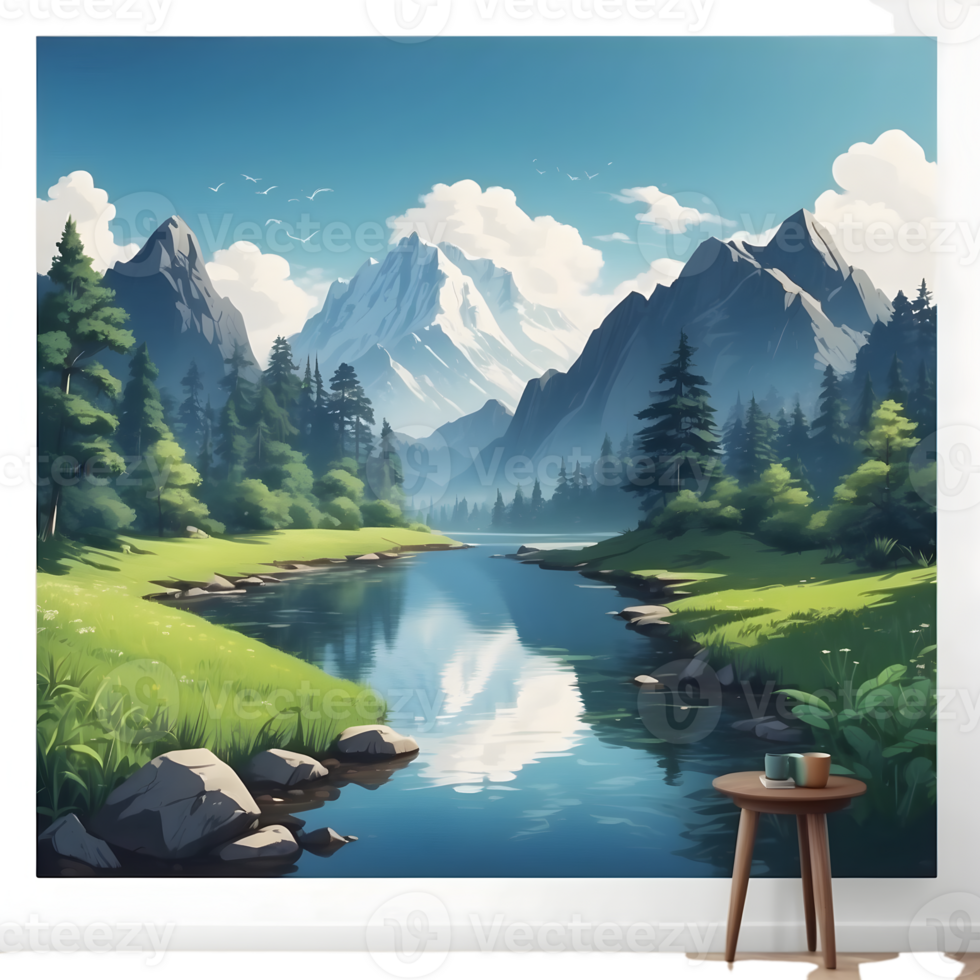 AI generated a cartoon mountain river with trees and rocks png