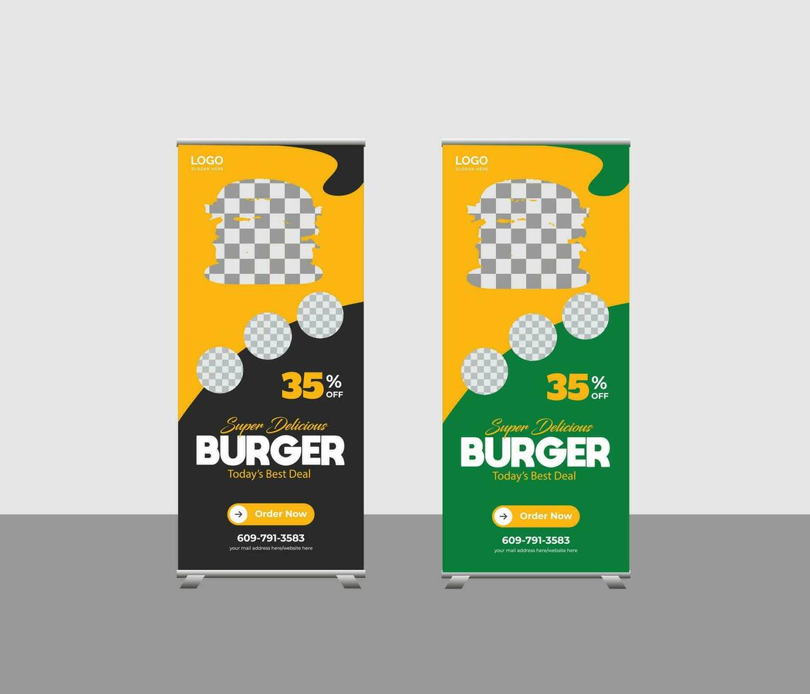 hamburguesa comida rodar arriba bandera diseño para restaurante. creativo comida enrollar bandera plantilla, moderno restaurante enrollar bandera vector