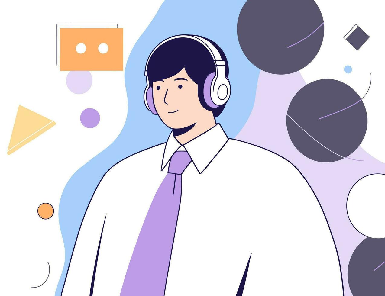 A man in a white shirt and tie with a pair of headphones on his ear, flat vector illustration.