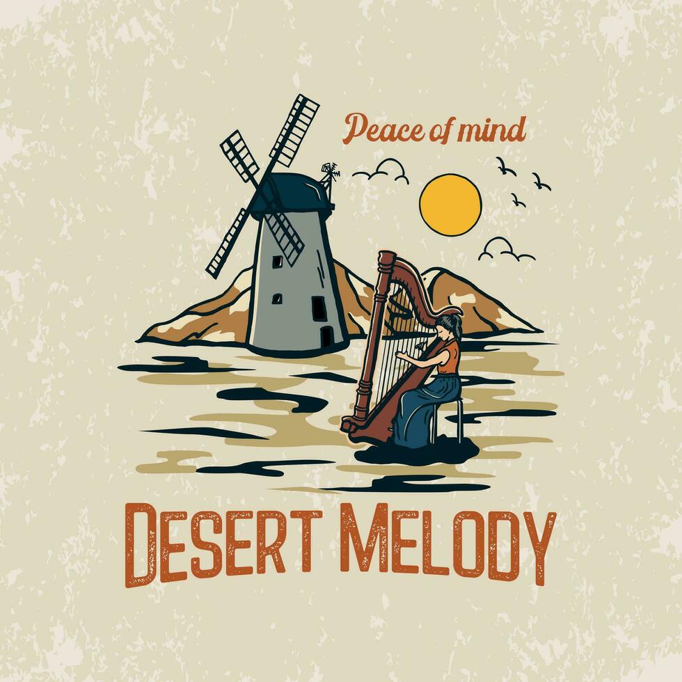 vector illustration of a harpist in the desert. outdoor vintage design t-shirt
