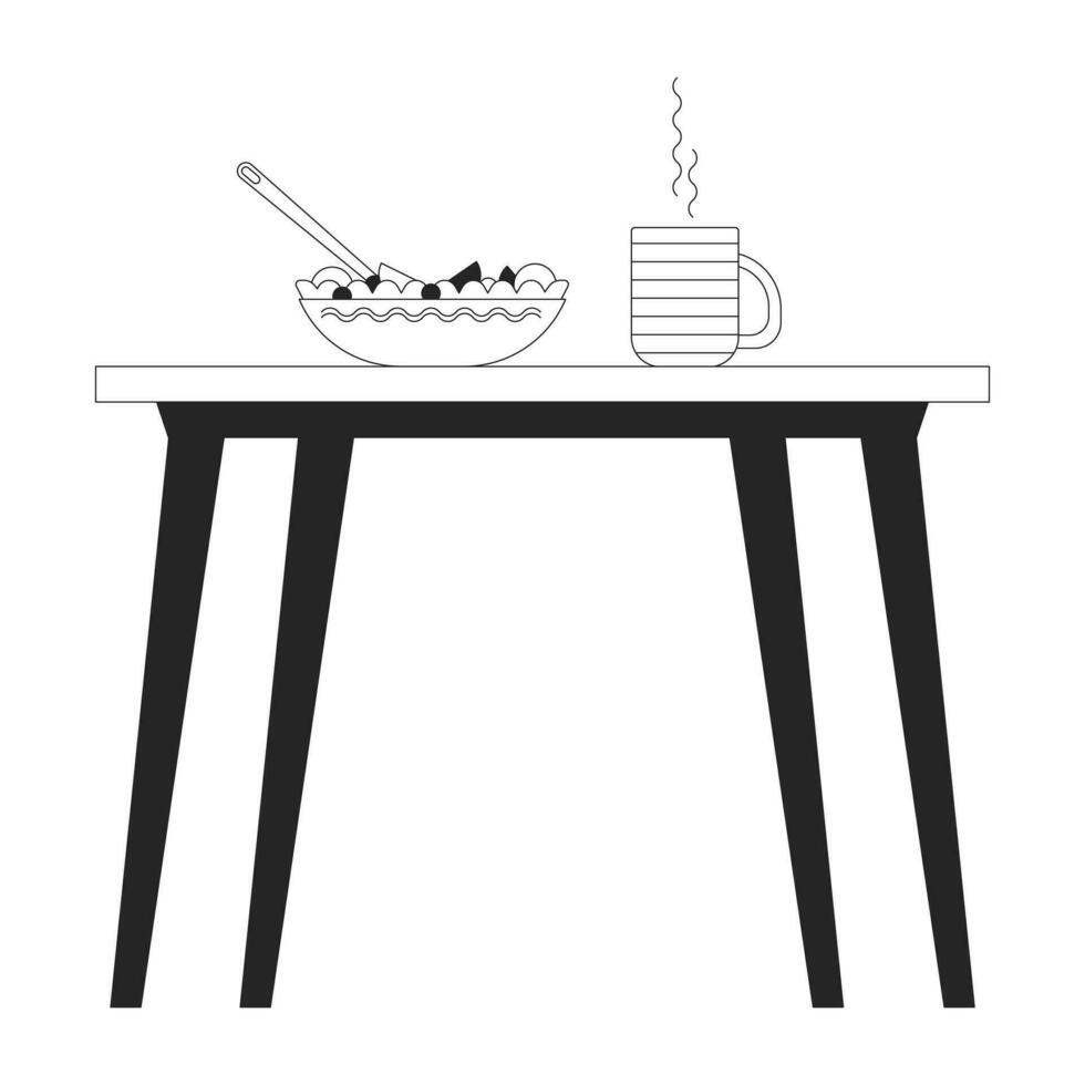 Company cafeteria table black and white 2D line cartoon object. Salad bowl, steamed cup. School lunch isolated vector outline item. Desk lunchtime eating healthy monochromatic flat spot illustration