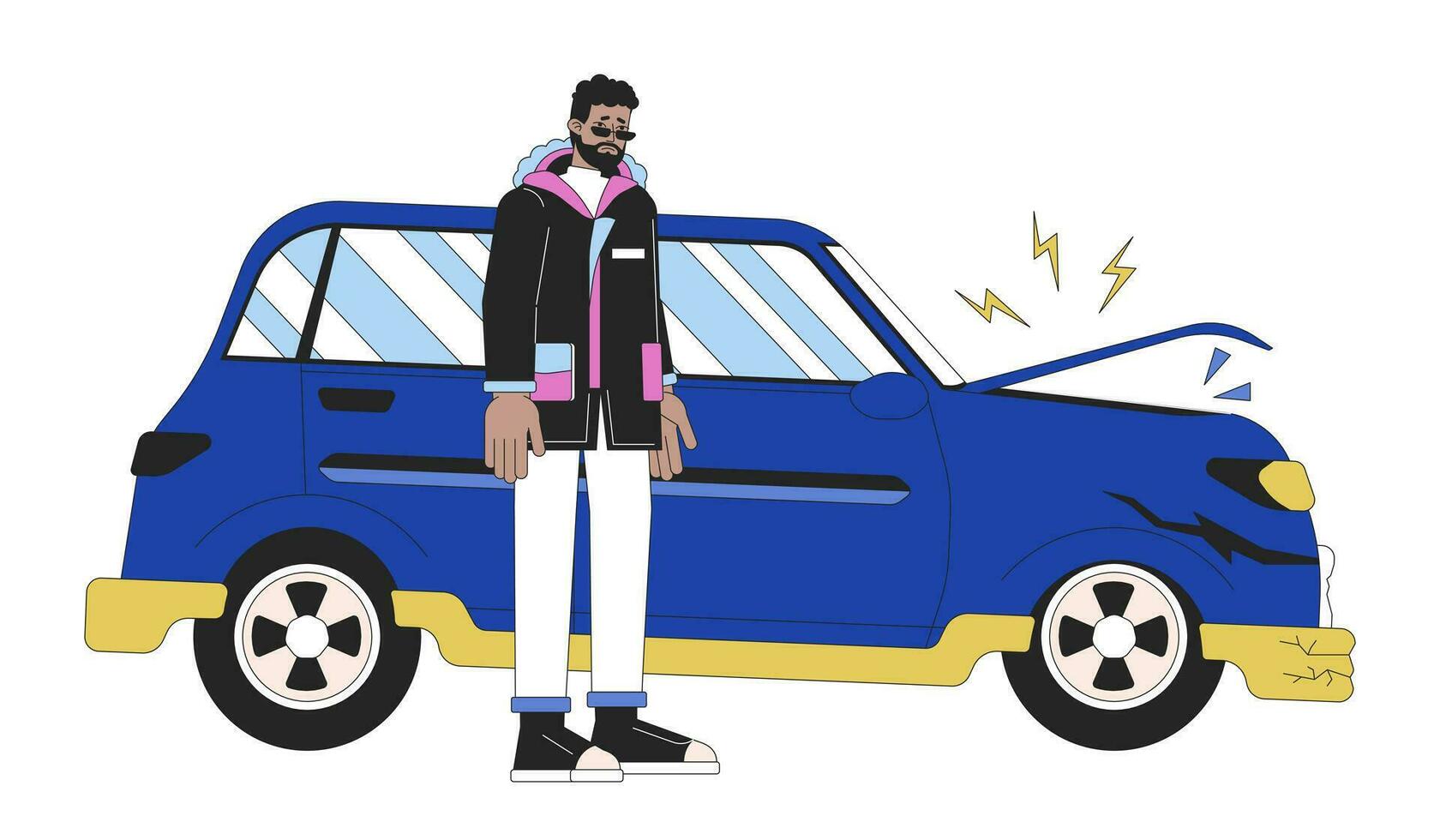 Distressed black man near damaged vehicle 2D linear cartoon character. Unhappy african american guy standing isolated line vector person white background. Car accident color flat spot illustration