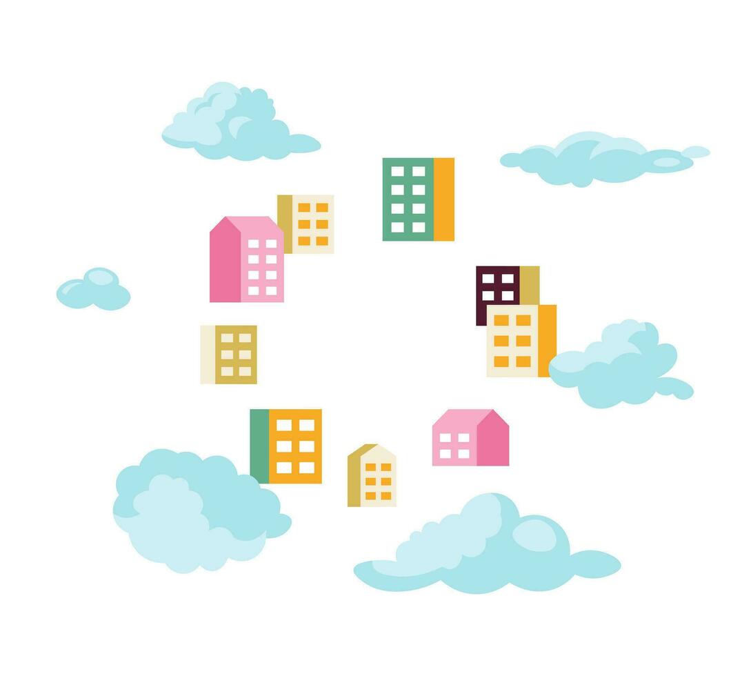 Condominium residential buildings in clouds 2D cartoon object. Dream housing isolated vector item white background. Residential area. Homes cloudy. Neighborhood future color flat spot illustration