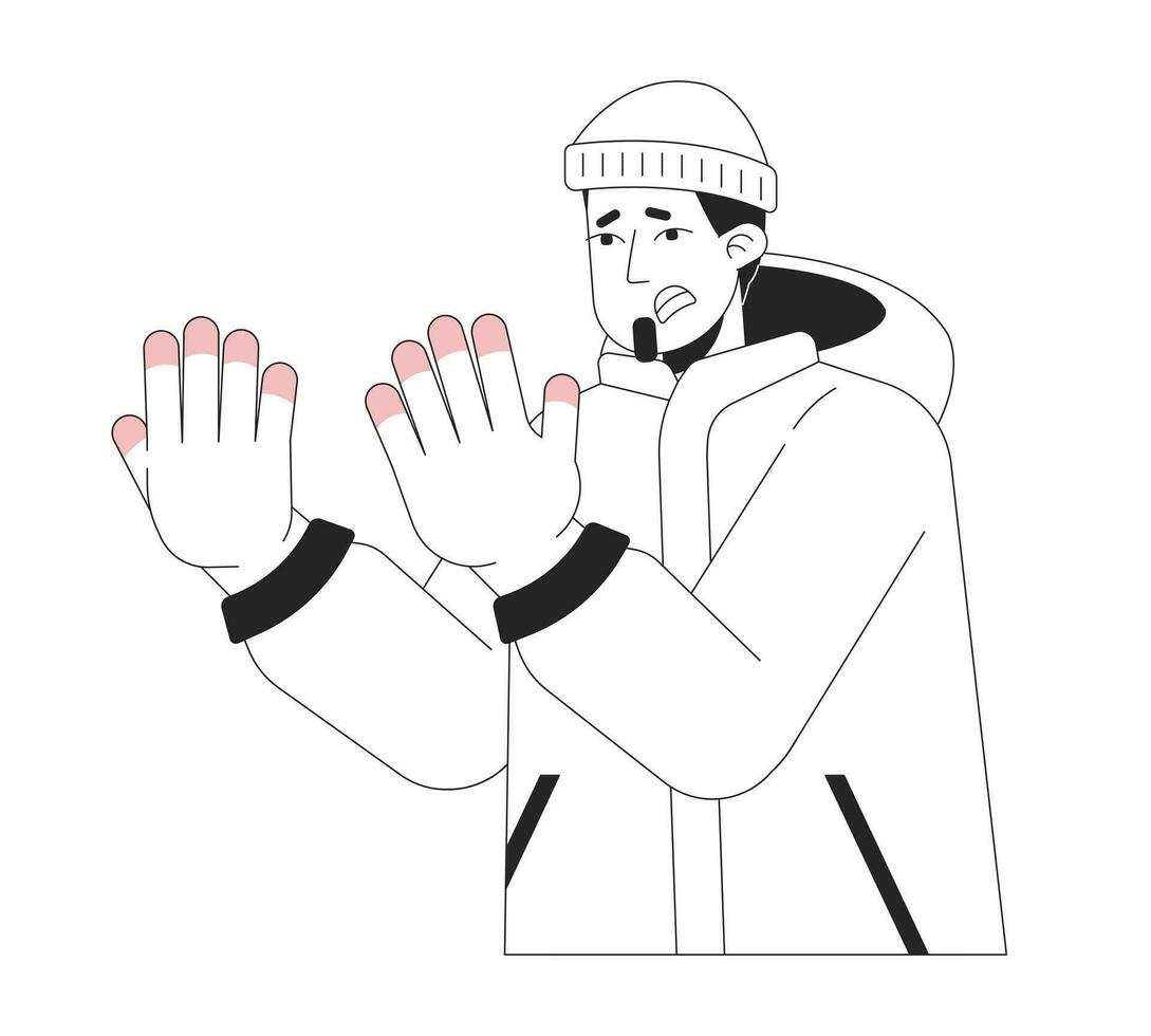 Suffering man with frostnip fingers black and white 2D line cartoon character. Winter clothes guy with cold hands isolated vector outline person. Wintertime monochromatic flat spot illustration