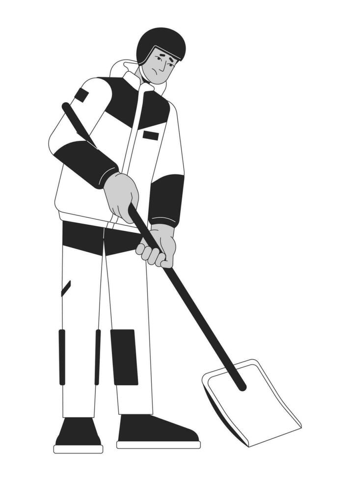 Snow mountain rescuer shoveling out black and white 2D line cartoon character. Winter outerwear indian man with shovel isolated vector outline person. Snow removal monochromatic flat spot illustration