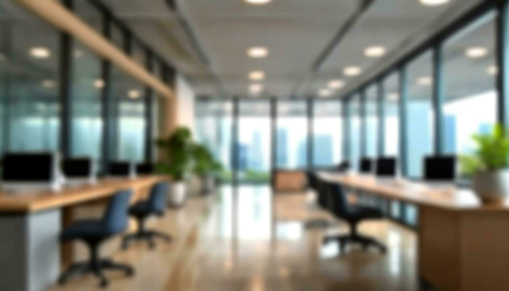 You can use the blurred focus of a white, open-space office interior as a background with wooden table photo